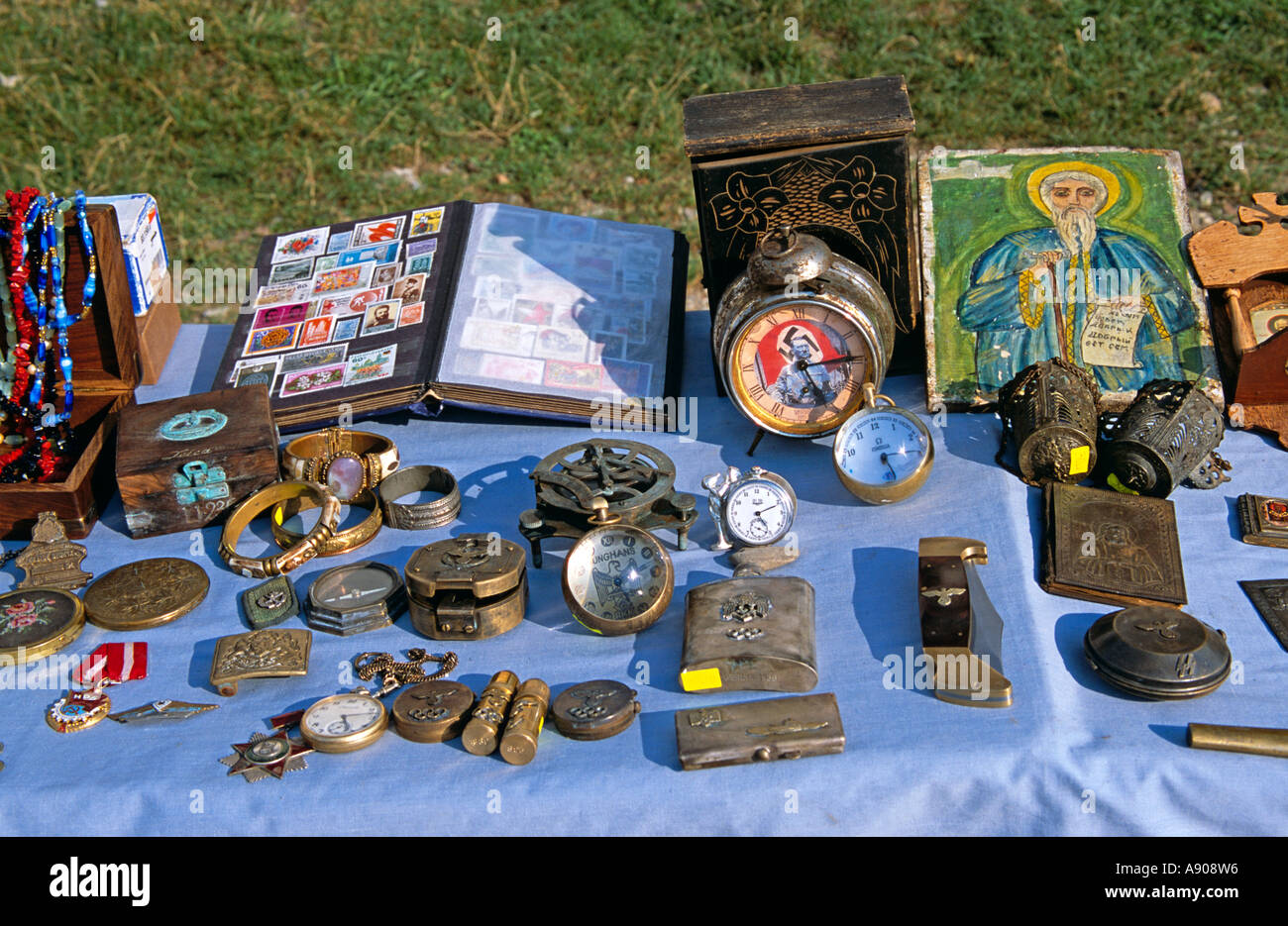 Antiques for sale on stall, Arbanassi, Bulgaria Stock Photo
