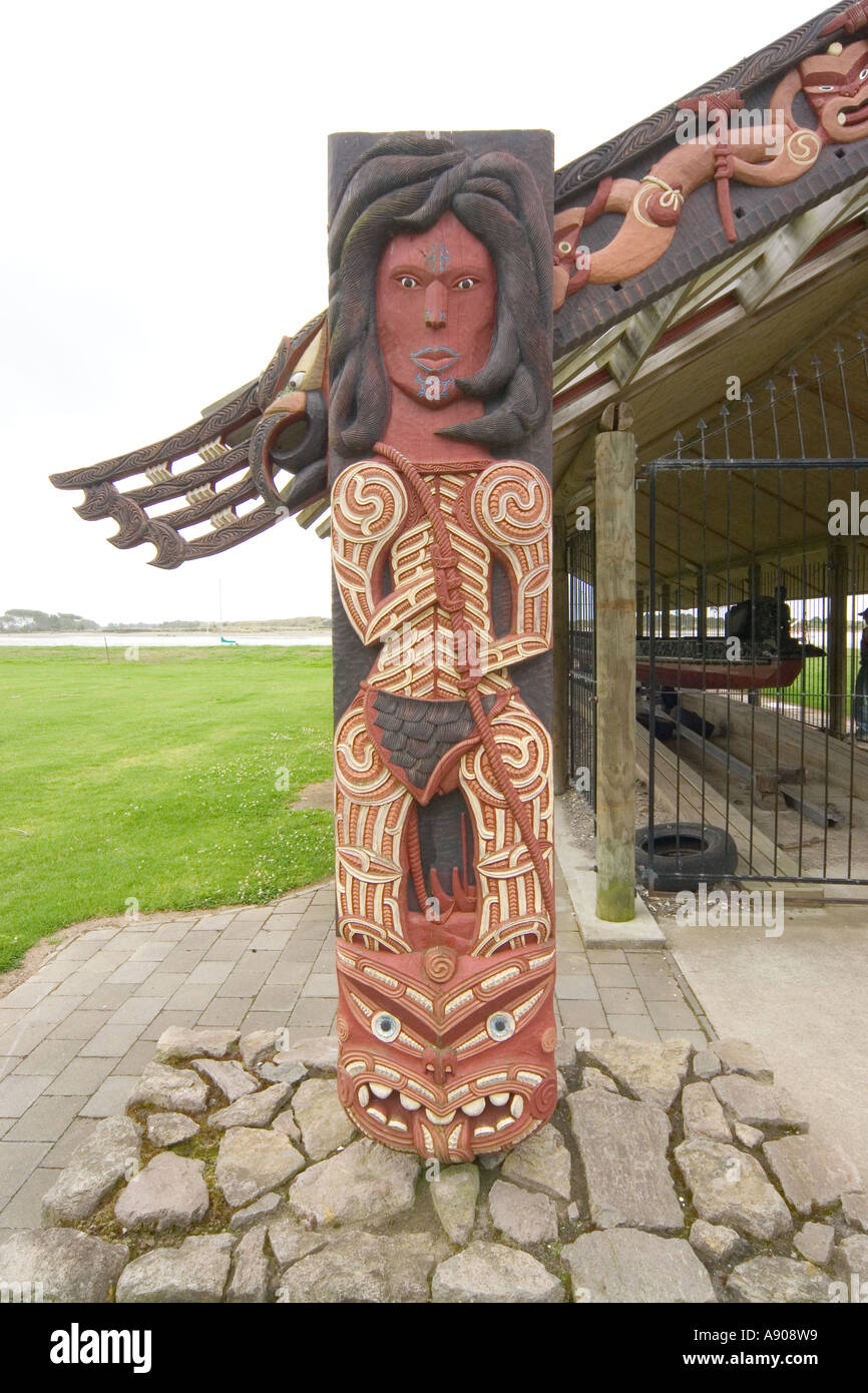 New Zealand Whakatane Mataatua Waka Canoe in canoe house with decorated ...