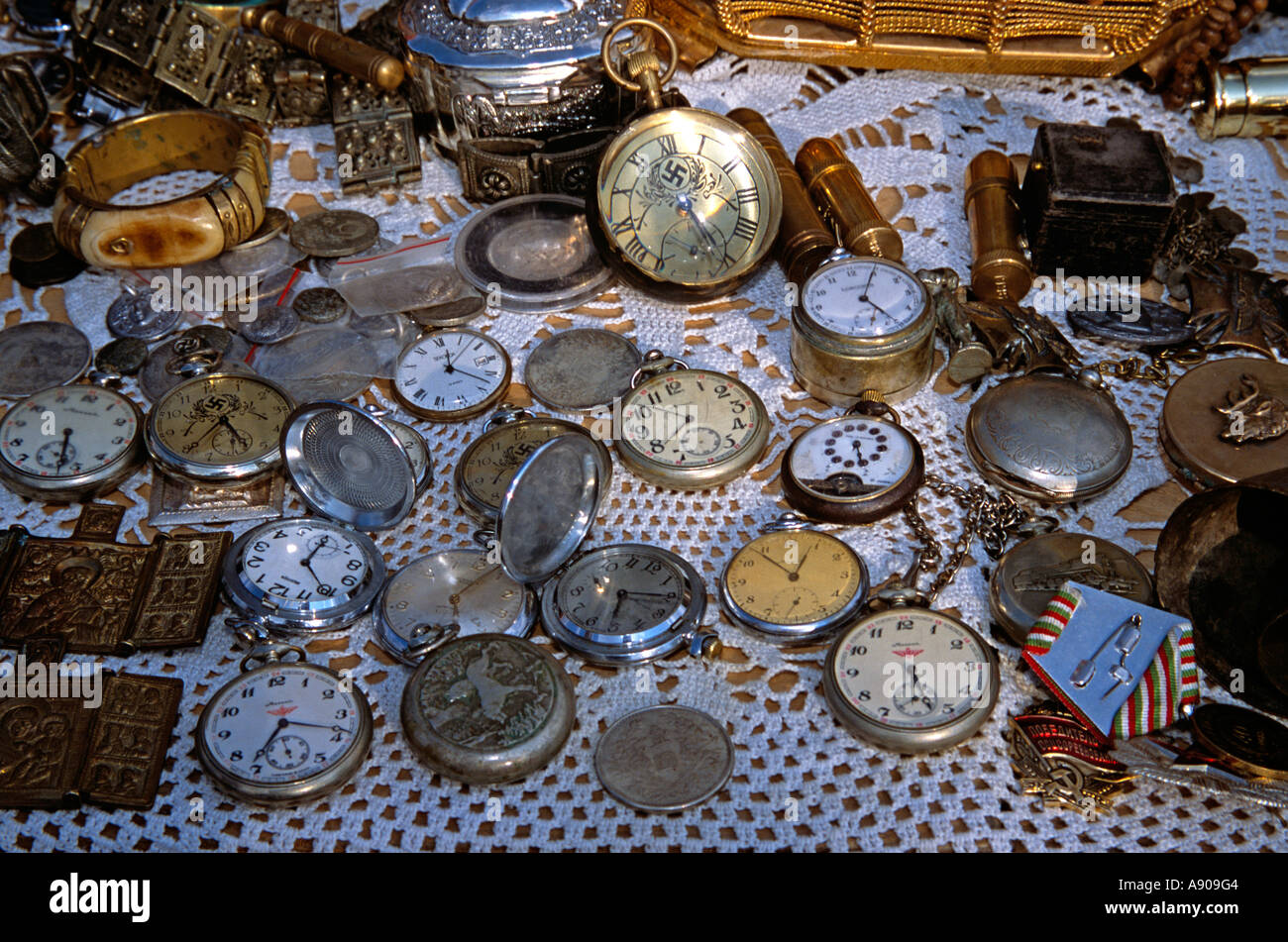 Antique pocket watches for sale on stall, Arbanassi, Bulgaria Stock Photo