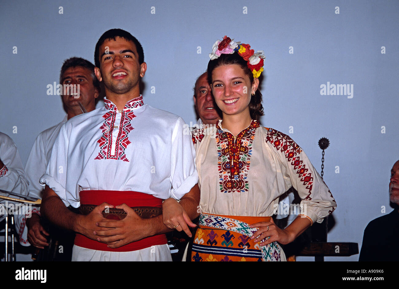 Dancers in national costume posing, Arbanassi, Bulgaria Stock Photo