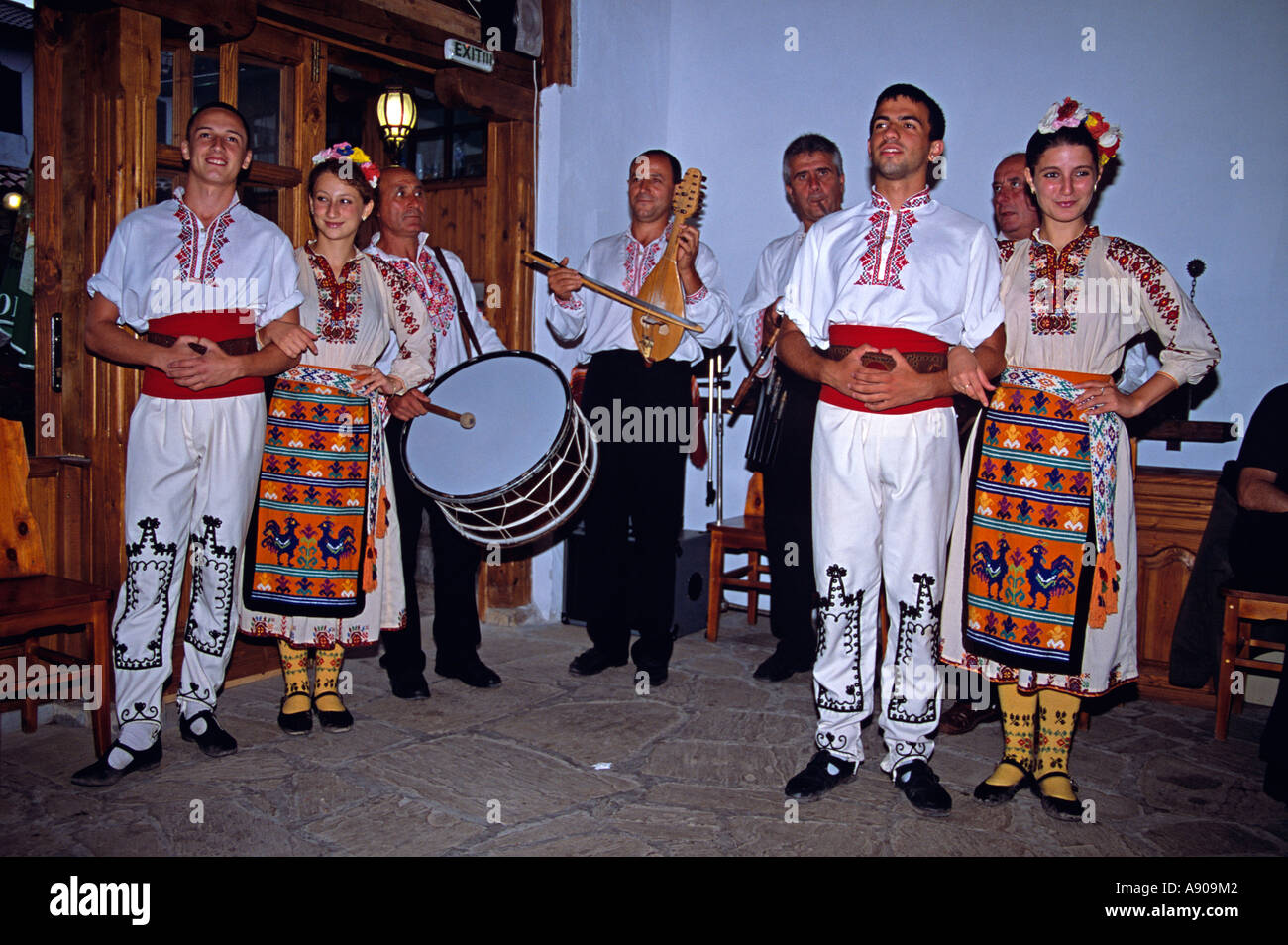 Dancers and musicians in national costume, Arbanassi, Bulgaria Stock Photo