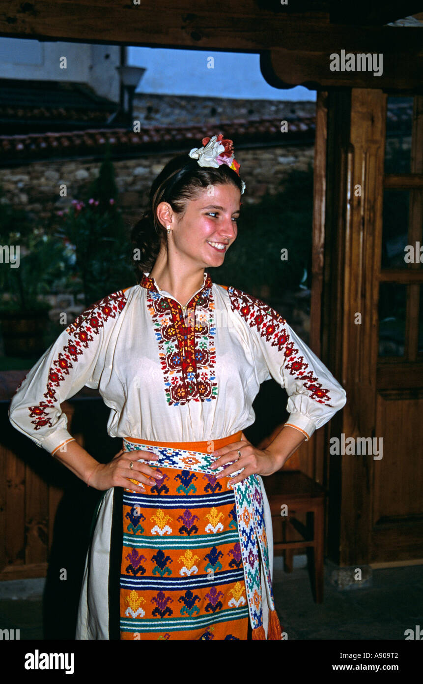 Female dancer in national costume, Arbanassi, Bulgaria Stock Photo