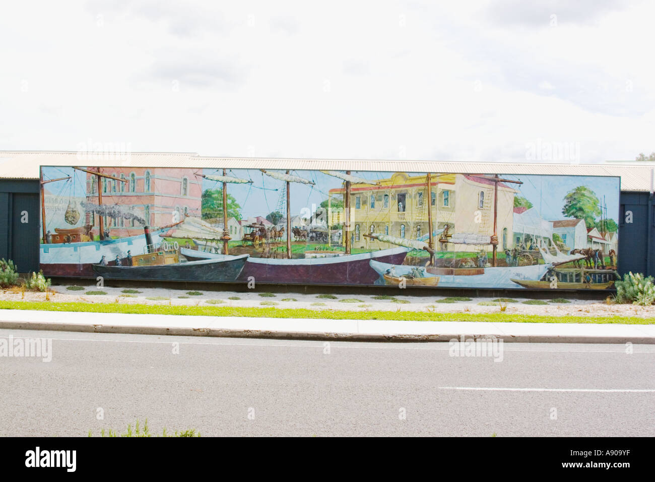 New Zealand Gisborne Mural painted on to wall of steam and sailing