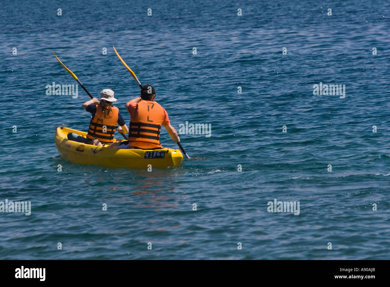 rowing in a Kayak in Eilat Stock Photo