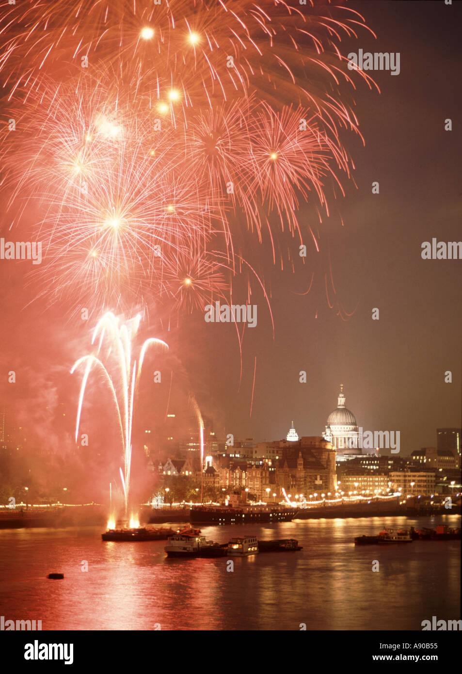 River Thames City of London and floodlit St Pauls cathedral archival skyline forming backdrop to Lord Mayors Show fireworks display England UK Stock Photo