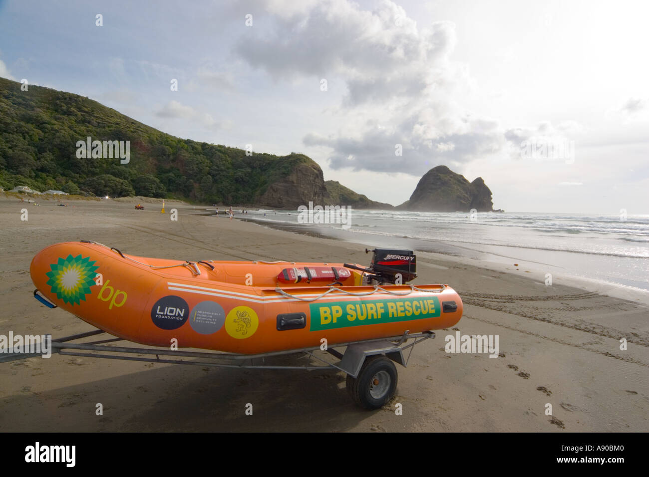 Piha Beach New Zealand Life guard Recue Boat Stock Photo