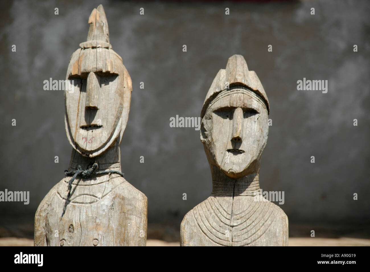 Two heads of ancient wooden totem figures museum Konso Ethiopia Stock Photo