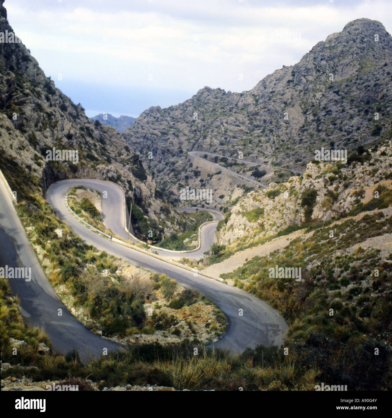 Windong mountain Road down La Calobra on North Coast of Mallorca in Spain Stock Photo