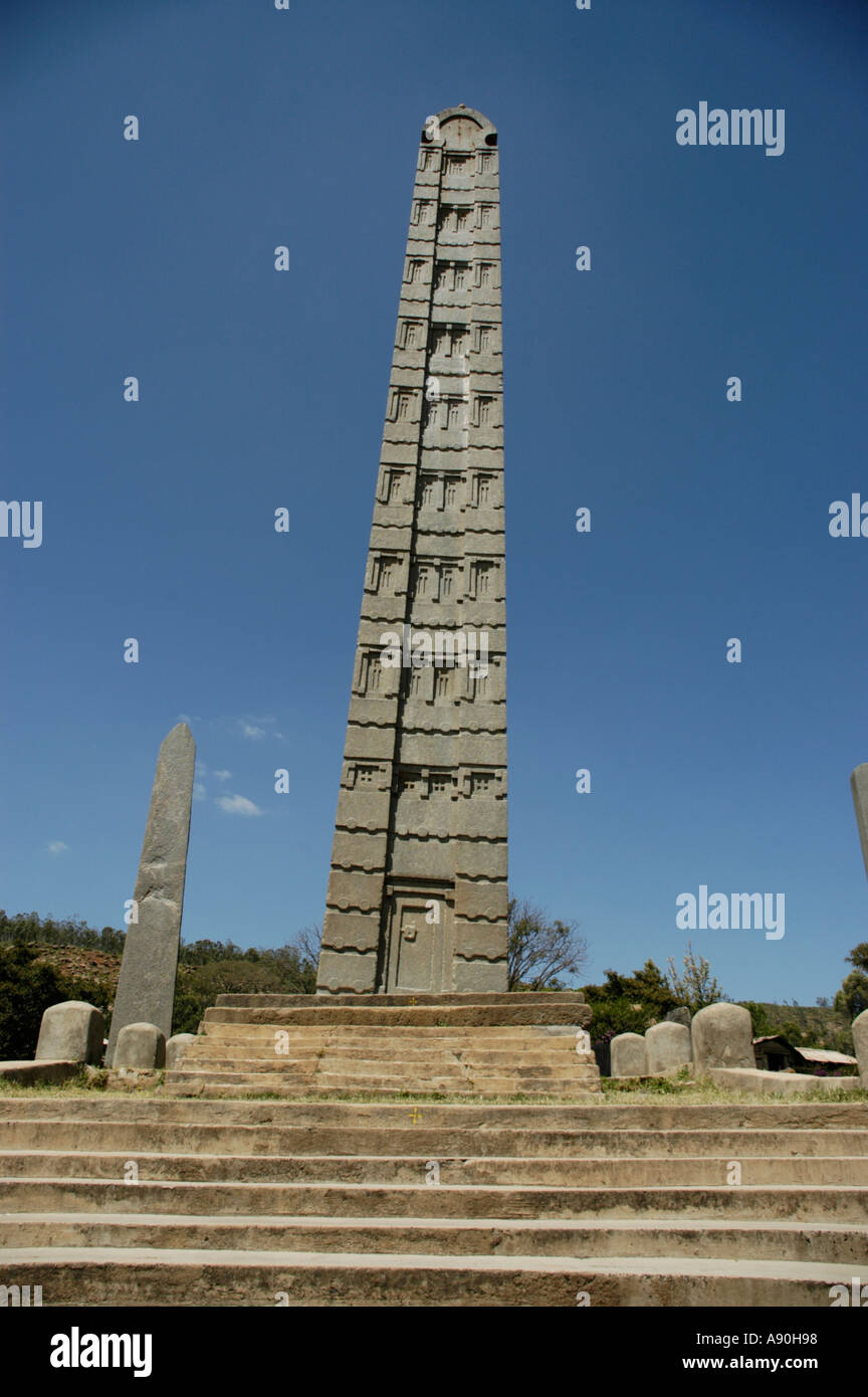 High standing stele Nr 3 in the stelepark Aksum Ethiopia Stock Photo