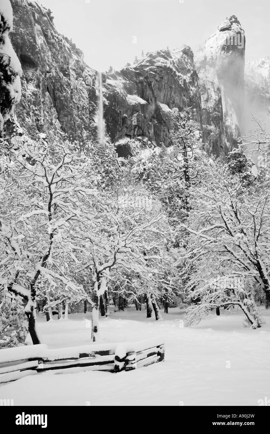 Snow covered Bridalveil Fall in Yosemite National Park Stock Photo