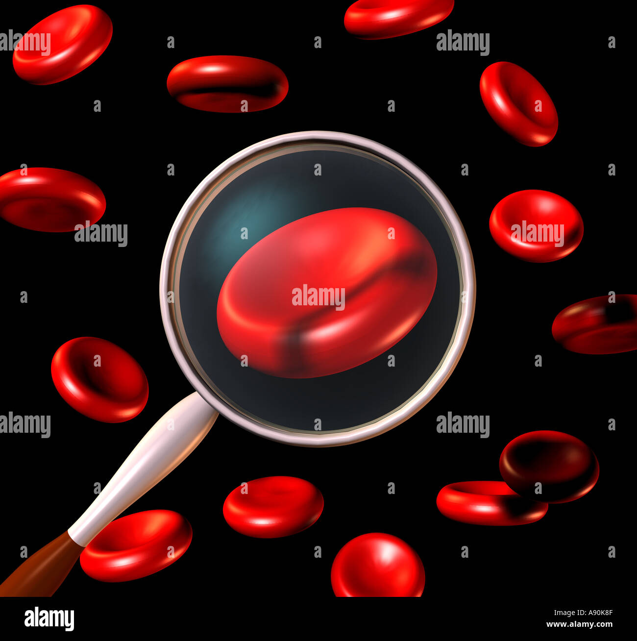 red blood cells with magnifying glass computer graphic symbolic image for blood examination Stock Photo