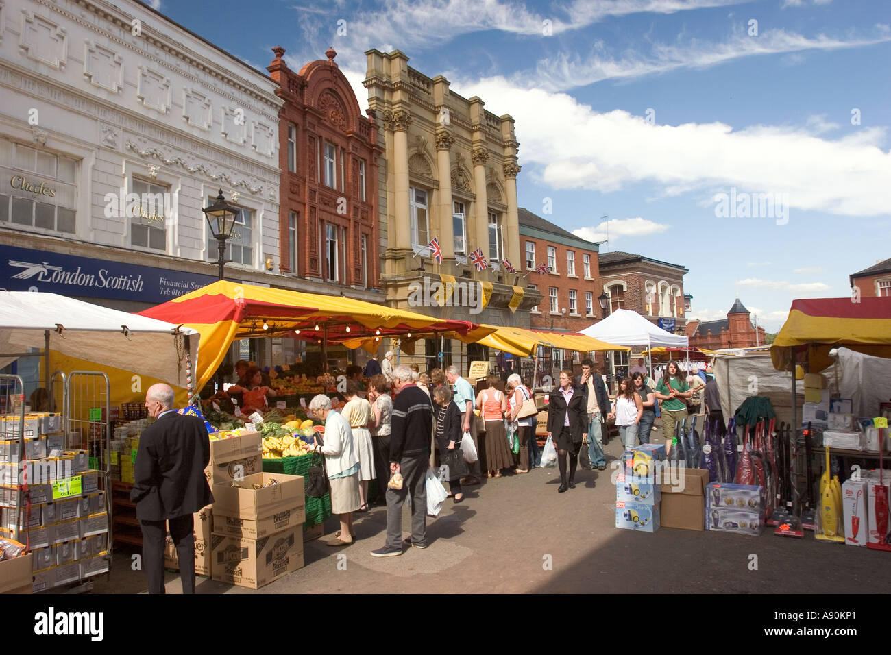 UK, Cheshire Stockport Town Centre Market Place with market in progress