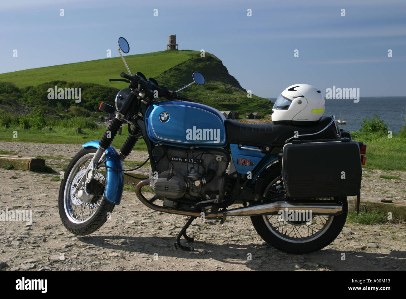 1977 vintage bmw r100/7 motorcycle boxer flat twin at Kimmeridge Bay Dorset coast uk Stock Photo