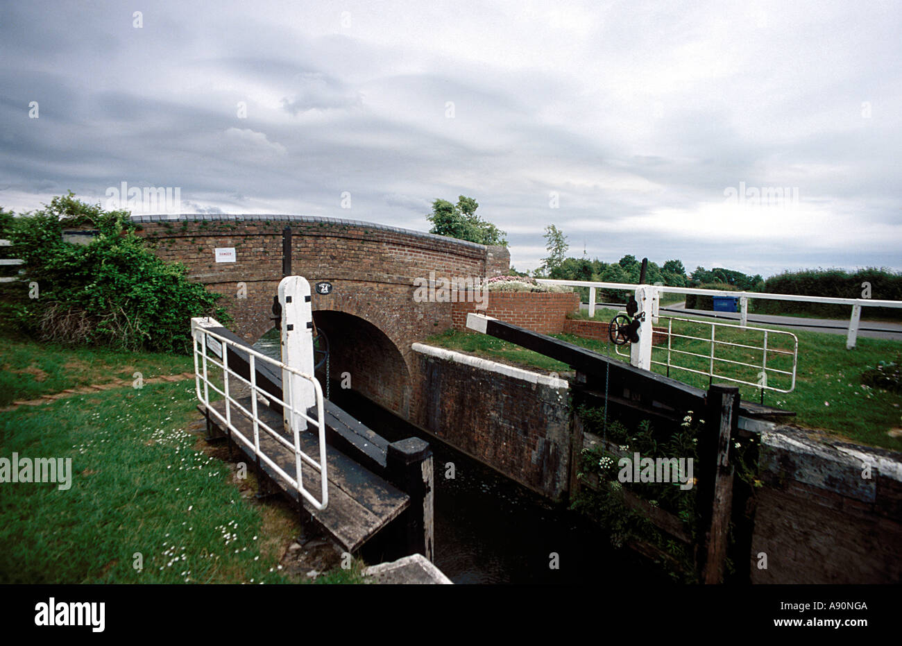 lock and bridge on Taunton to Bridgwater canal Somerset Stock Photo