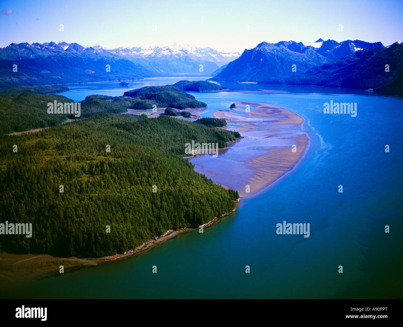 An aerial view of Orca Inlet and the Chugach Mountains in the Chugach National Forest southcentral Alaska Stock Photo