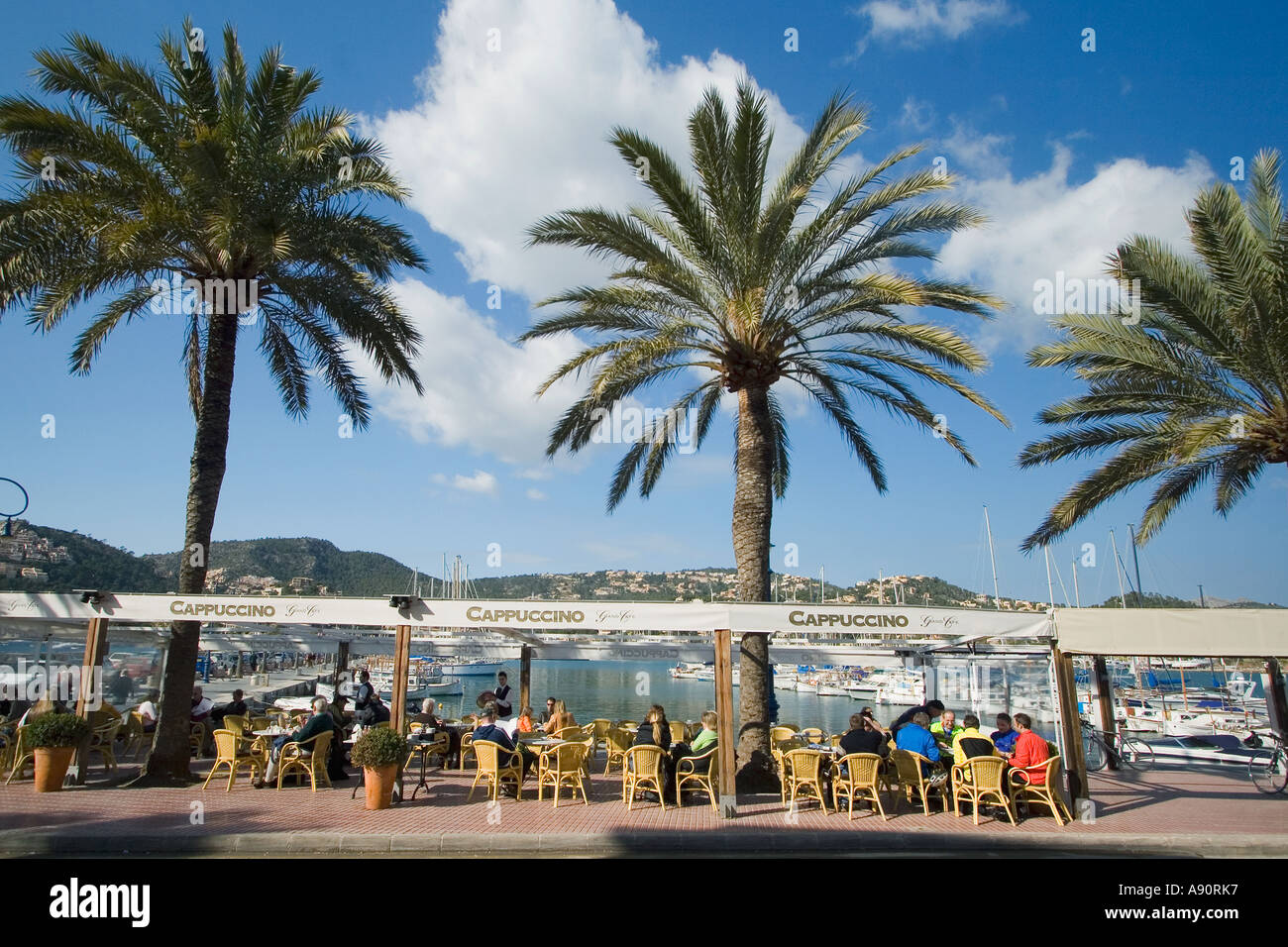 Mallorca Poirt d Andratx Cafe palm trees Stock Photo