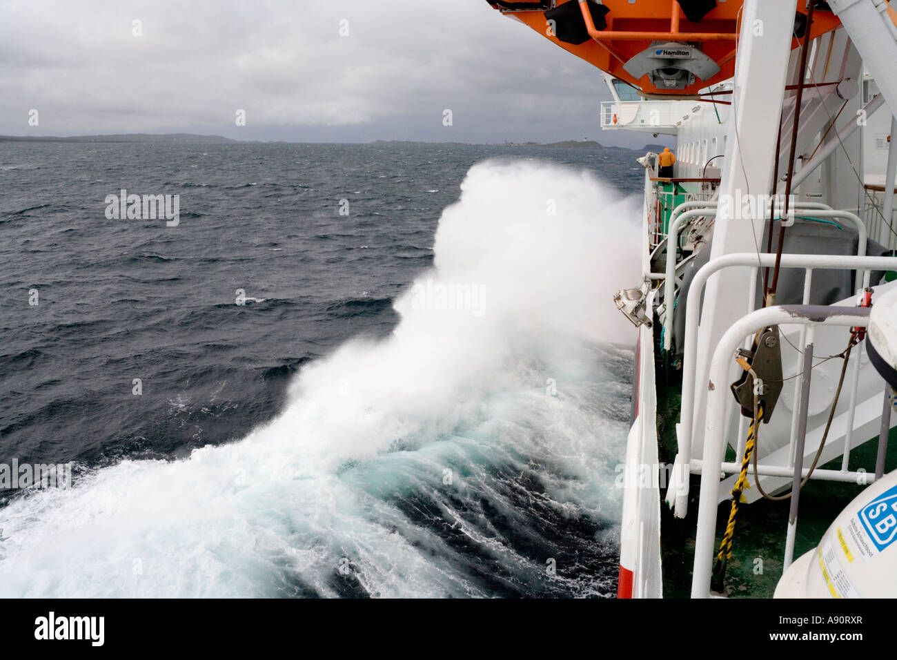 Rough seas on board the Hurtigruten cruise ship MS Nordlys south of Vardo Norway Stock Photo