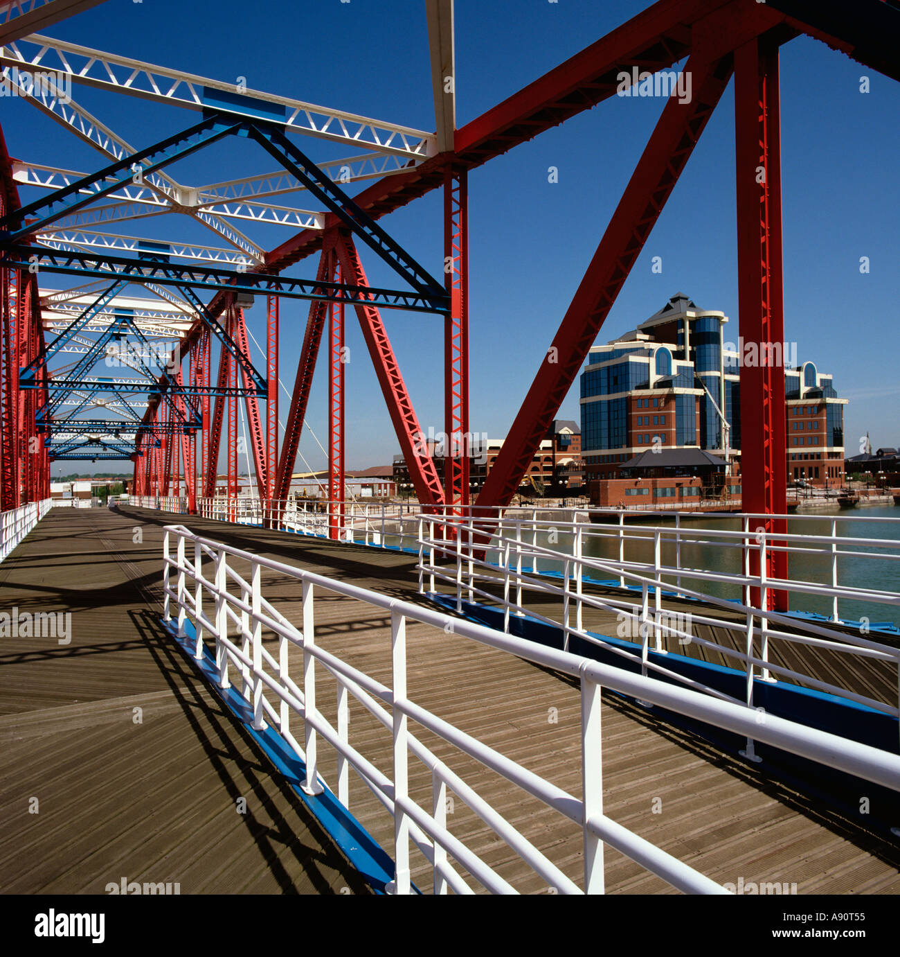 England Salford Quays Manchester Bridge and Office building Stock Photo ...