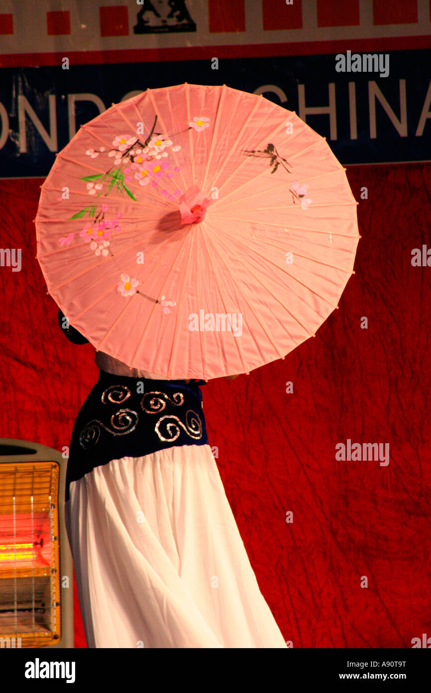 Performance by dancers on stage at Chinese New Year Festival London 2007 Trafalgar Square Stock Photo