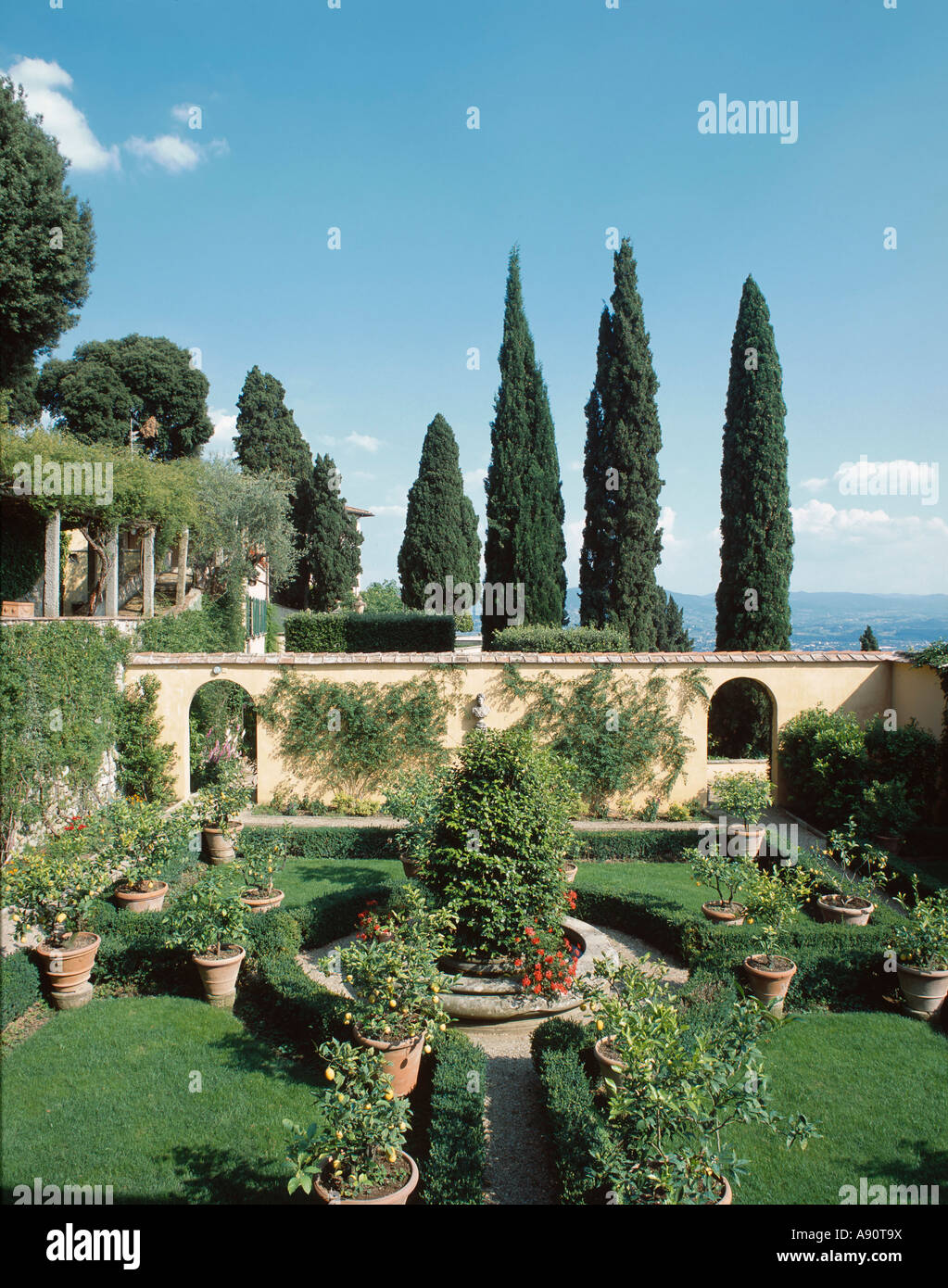 The formal garden at Villa le Balze, Fiesole, Tuscany, Italy, now owned