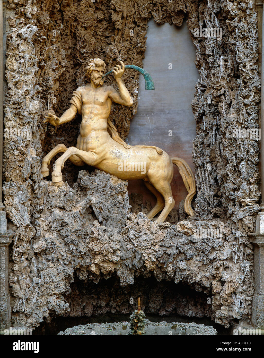 Villa Aldobrandini, Frascati, Italy. A detail of the 17c Baroque water theatre built by Carlo Maderno, showing a statue of a centaur blowing a horn Stock Photo