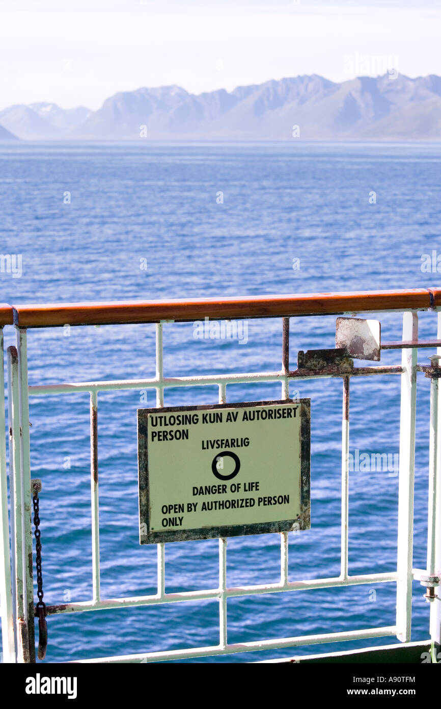 'Danger of Life' safety notice on board Hurtigruten cruise ship MS Nordlys, NW of Harstad, Norway Stock Photo