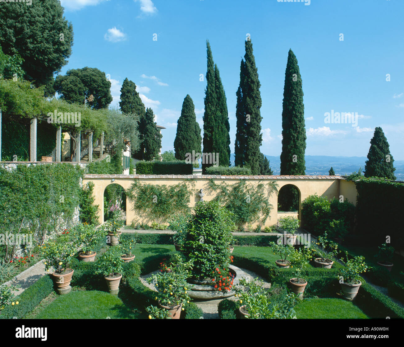 The formal garden at Villa le Balze, Fiesole, Tuscany, Italy, now owned by  Georgetown University. The gardens were designed by Cecil Pinsent in 1911  Stock Photo - Alamy