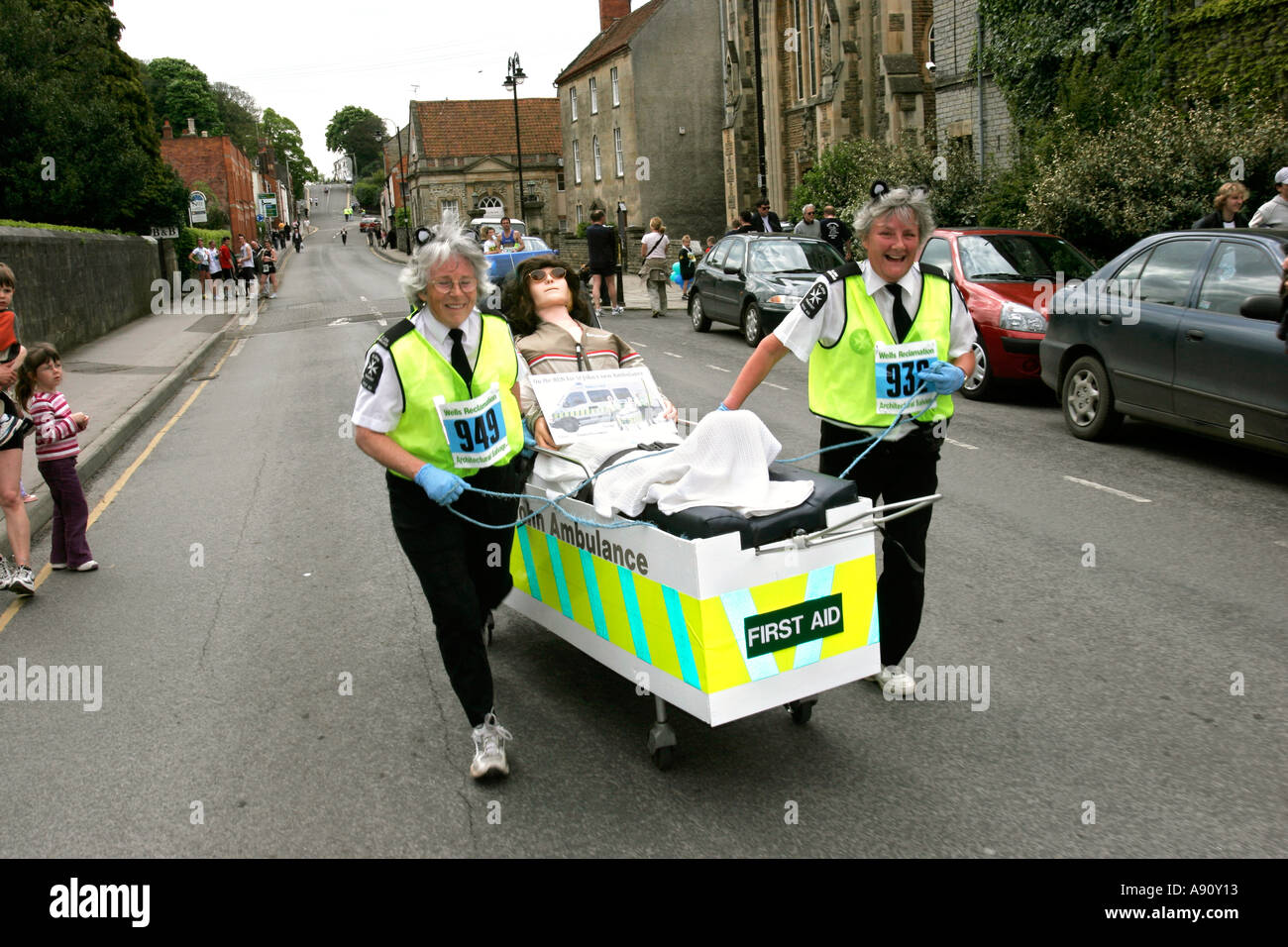 England Somerset Glastonbury St Johns Ambulance team competing in the town charity run Stock Photo