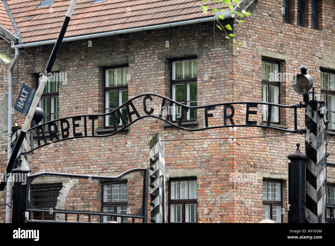 Arbeit Macht Frei at the main gate in Auschwitz concentration camp, Auschwitz, Poland Stock Photo