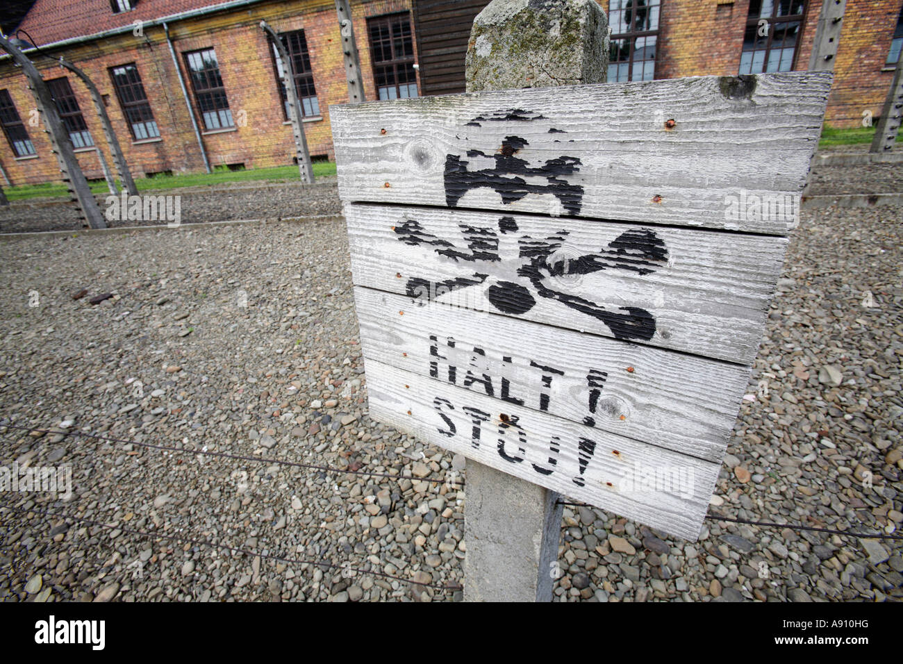Halt warning sign in Auschwitz nazi concentration camp, Poland Stock Photo