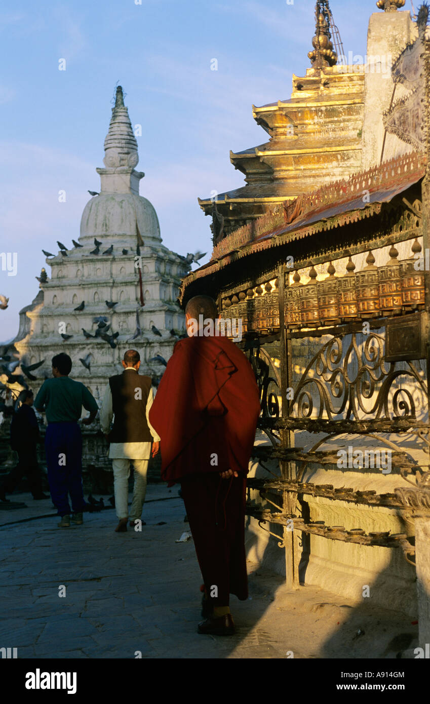 Buddhist Monk and Prayer Wheels, Swayambhunath Temple, Nepal Stock ...