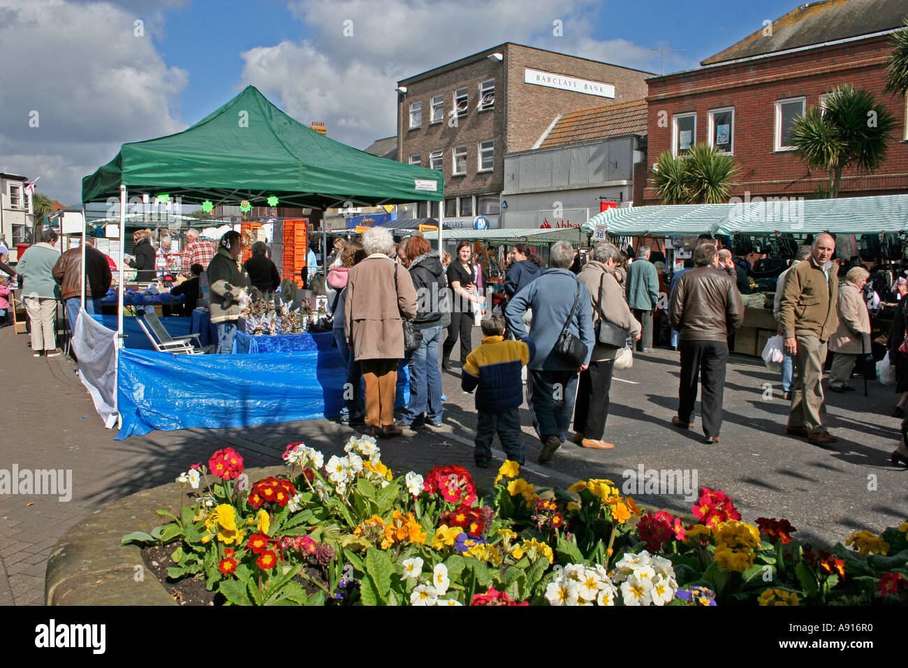 Outdoor Market Stalls in High Street, Christchurch, Dorset, UK Stock