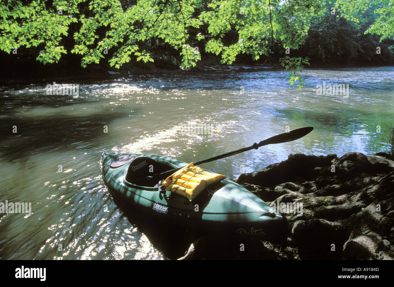 Kayak on the shore along the Salt Fork of the Vermilion River Illinois Stock Photo