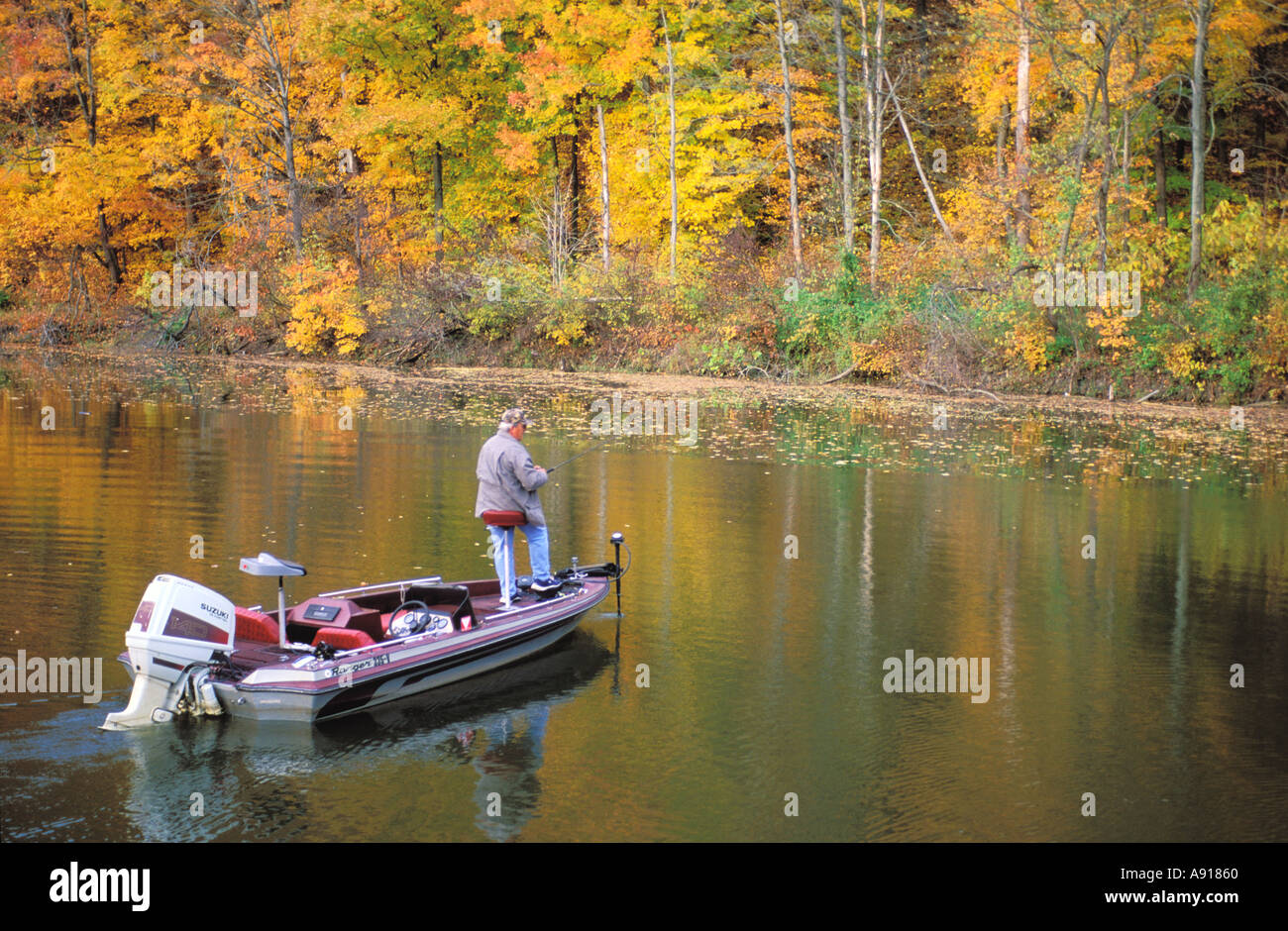 Fishing from a boat in Kickapoo State Park Illinois Stock Photo