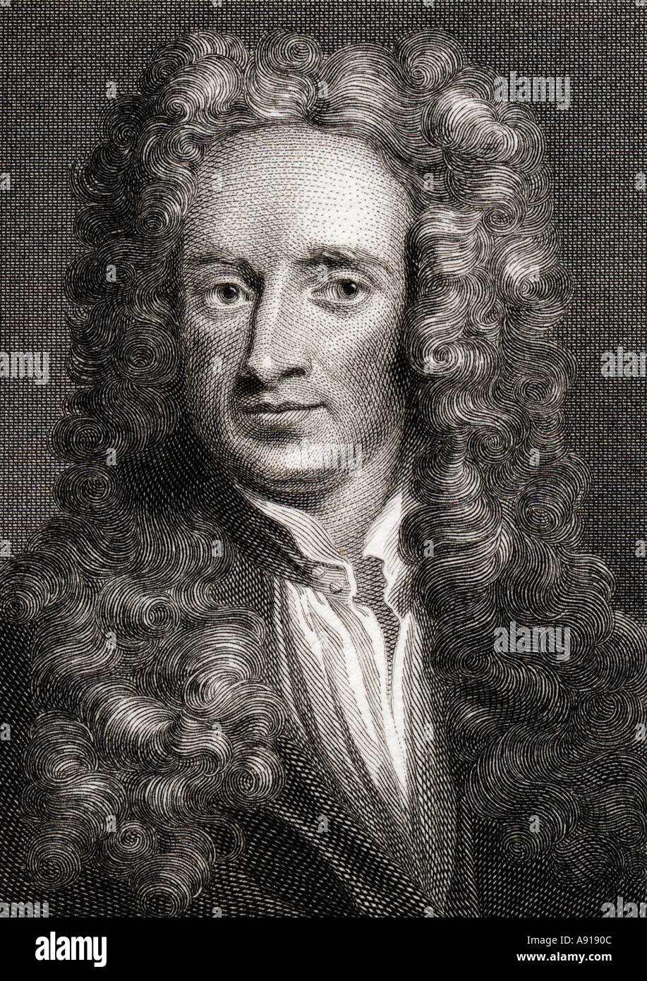 Sir Isaac Newton, 1642-1727. English physicist and mathematician. Engraved by Edward Smith from painting by Sir George Kneller Stock Photo