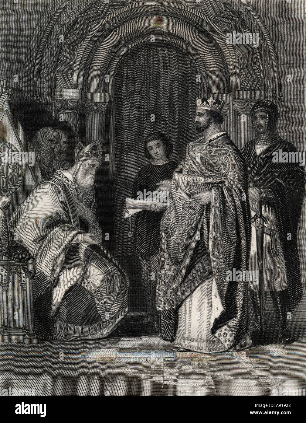 Henry II  presenting the Pope's bull to the Archbishop of Cashel. Henry II, 133-1189.  King of England and Lord of Ireland. Stock Photo
