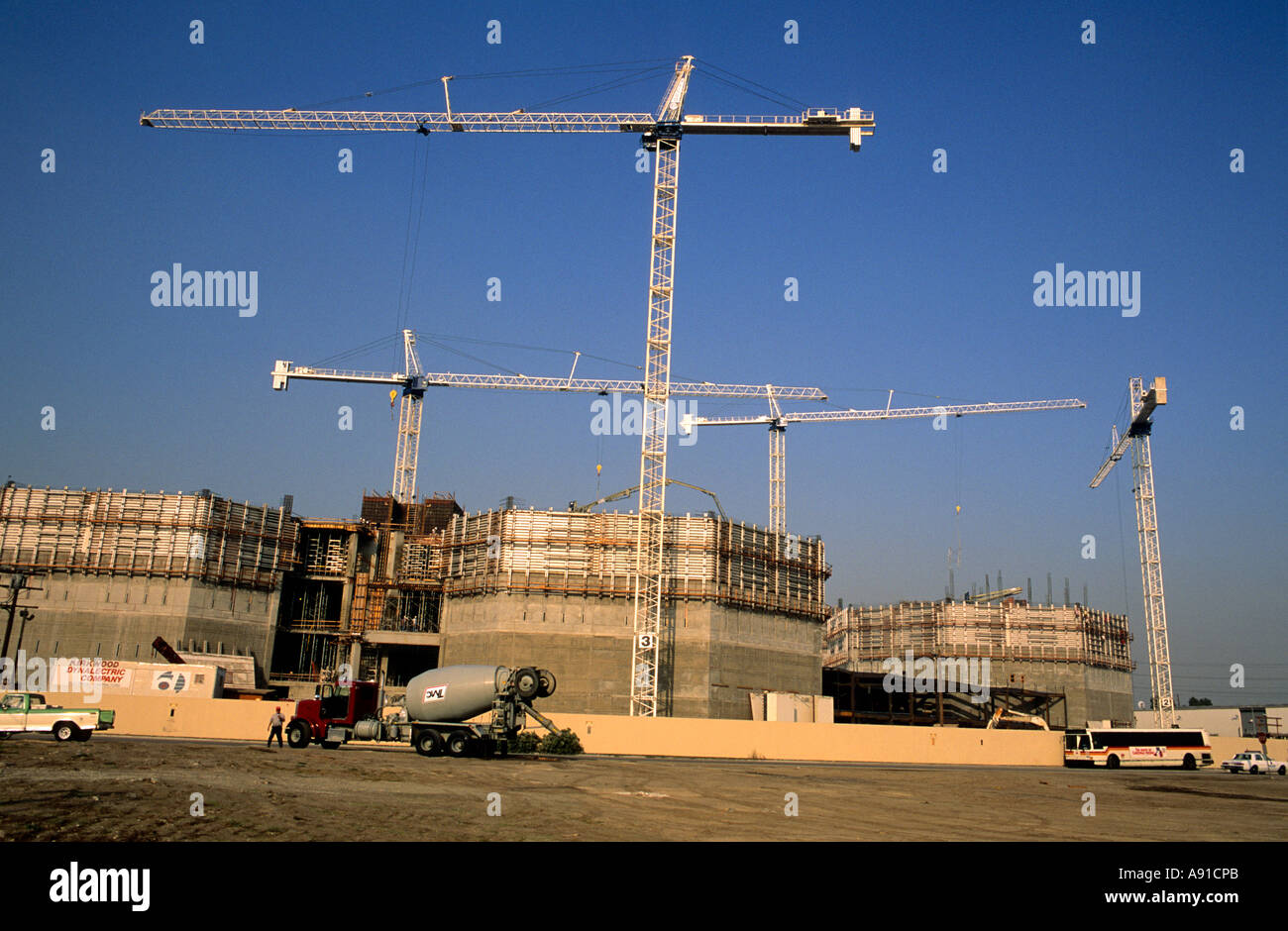 Cranes on a construction site of the county jail in Los Angeles, California. Stock Photo