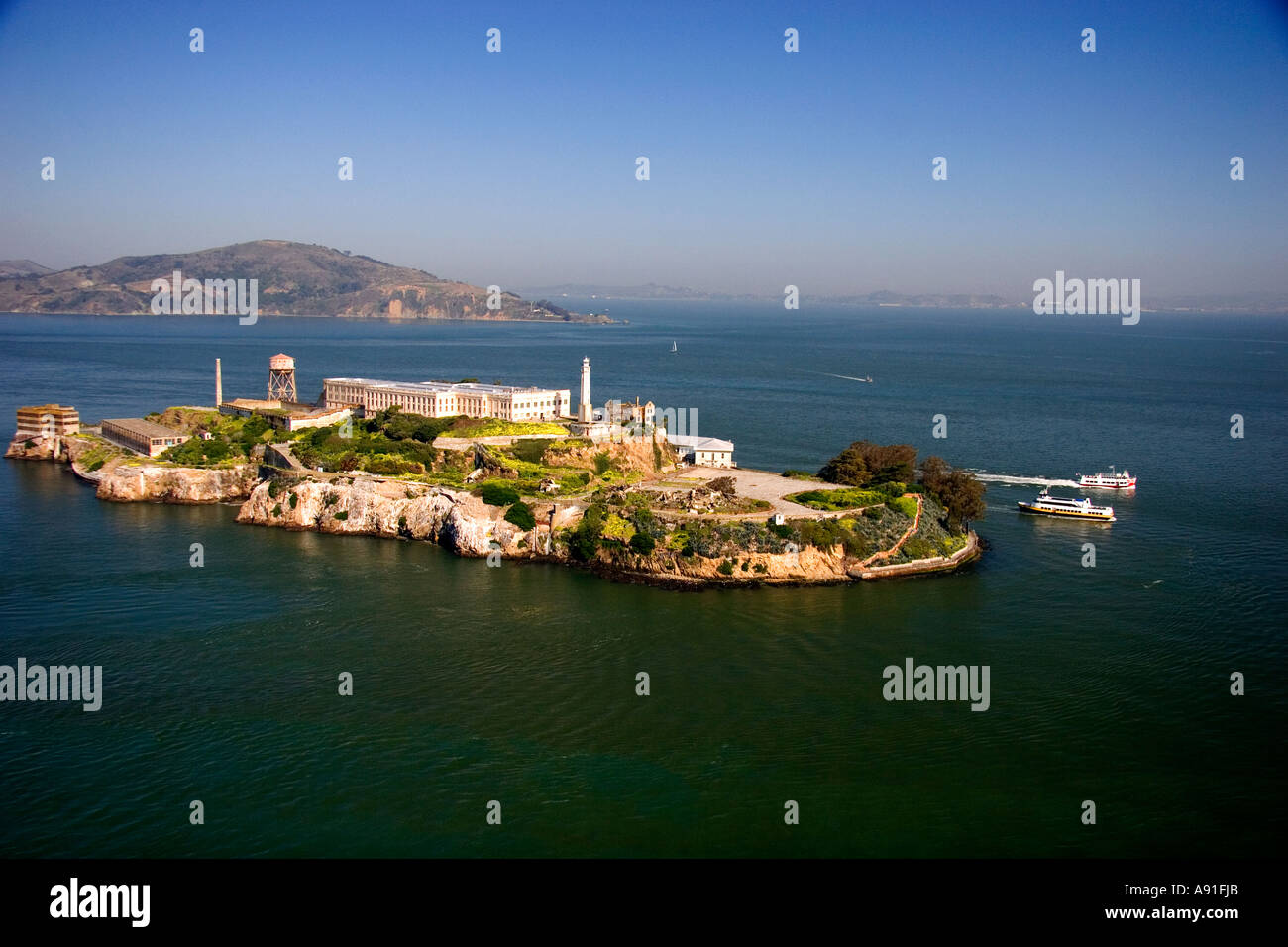 Aerial view of Alcatraz Island in the San Francisco bay, California. Stock Photo