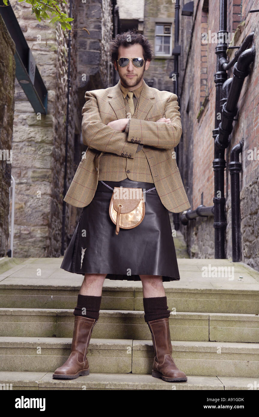 Pictured Howie Nicholsby modeling one of his own kilts 21st Century Kilts (TFCK) is a range of contemporary kilts Stock Photo