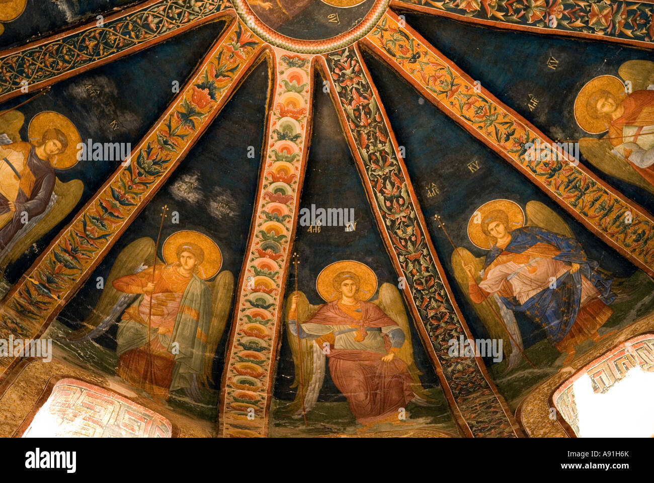 Twelve angels in dome section worn in like palace clothes. Chora Moastery, Istanbul. Stock Photo