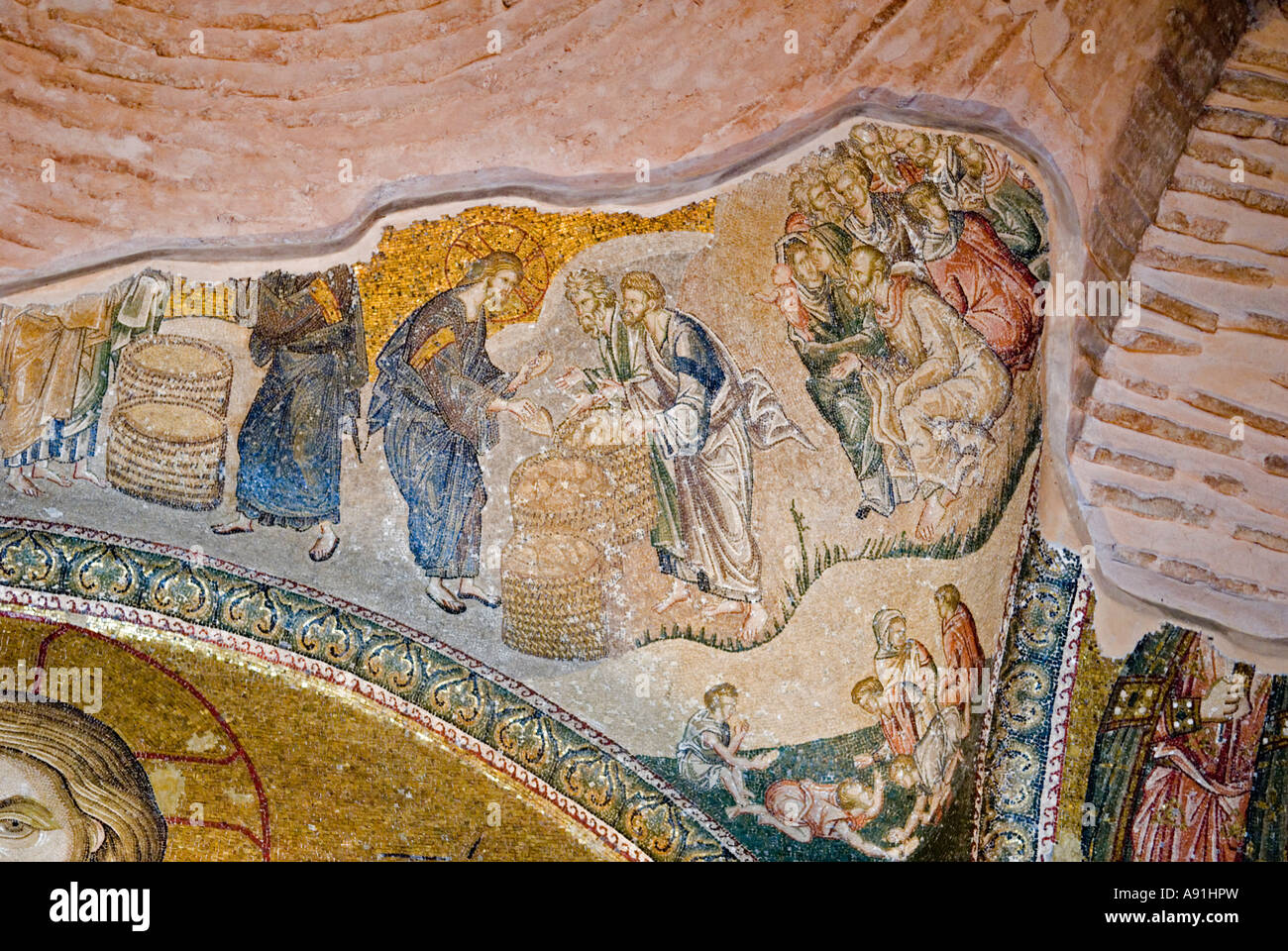 Mosaic of multiplication of loaves of bread,  Chora Monastery Istanbul. Stock Photo