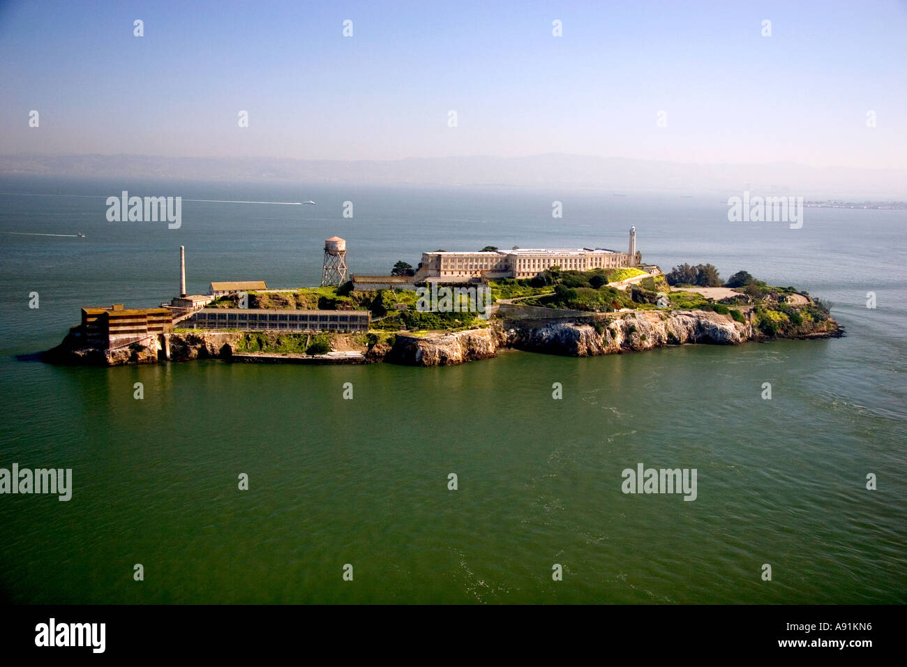 Aerial view of Alcatraz Island in the San Francisco bay, California. Stock Photo