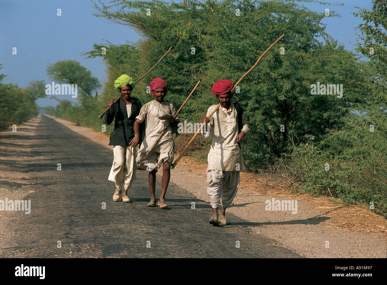 NMJ99776 Three Villagers Walking On Road Rajasthan India Stock Photo