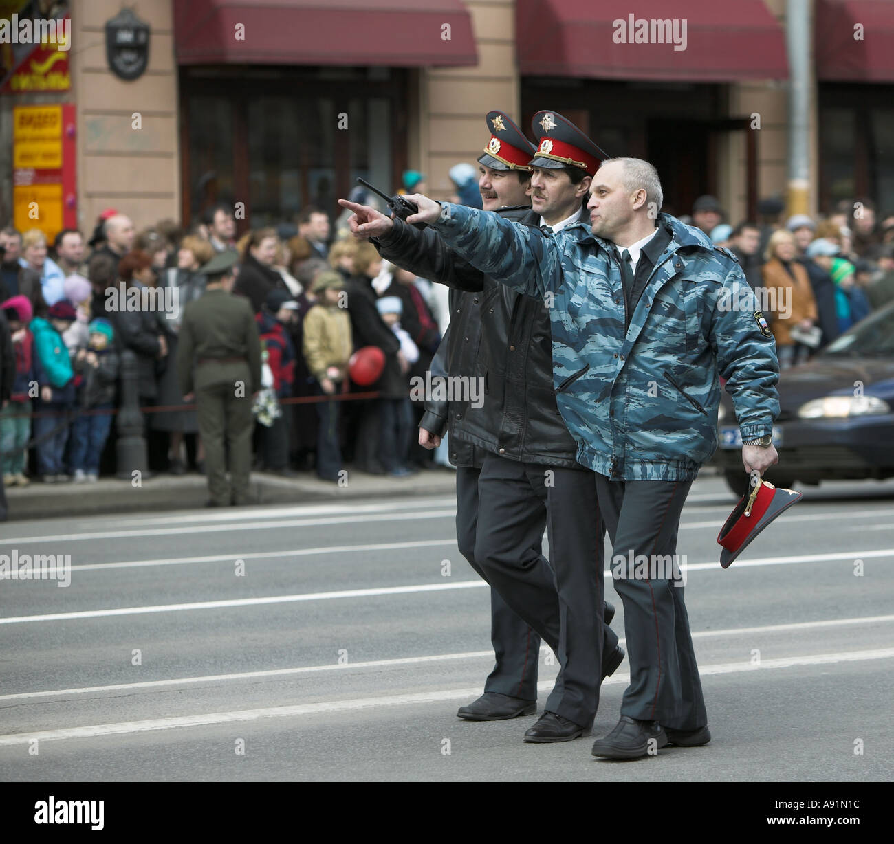 Russia Saint Petersburg Victory day Holiday procession on the Nevskiy prospect. Policemens. Stock Photo