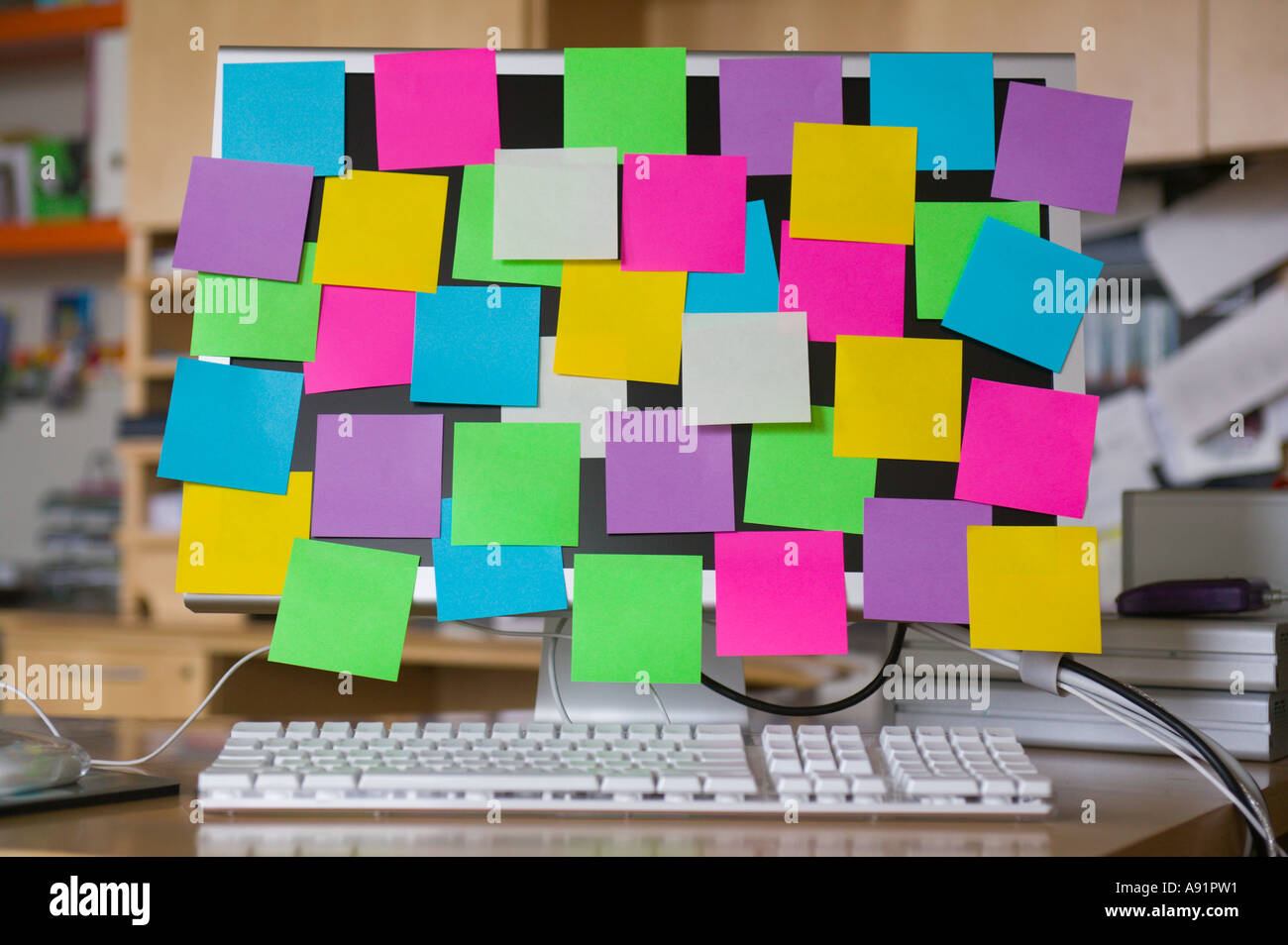 Post It Notes on Computer Monitor Stock Photo