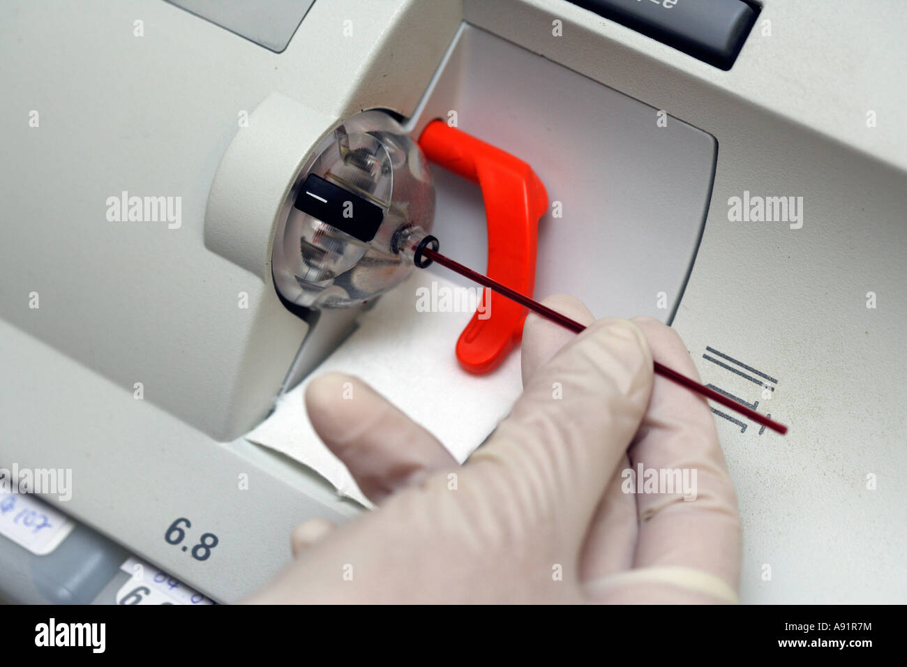 Blood gas analysis instrument is fitted with blood test Stock Photo Alamy