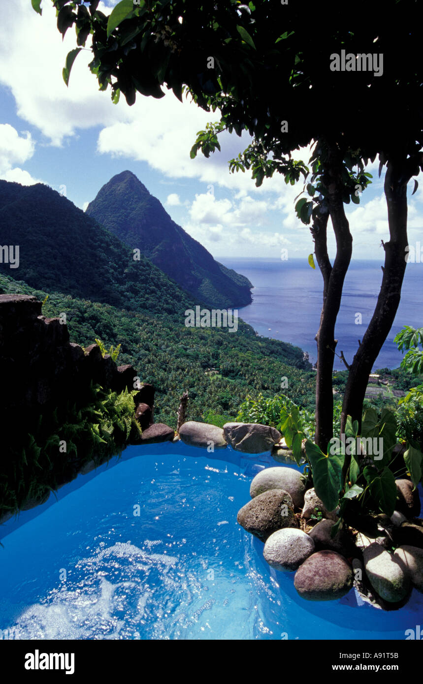 Caribbean, BWI, St. Lucia, View of the Pitons from Ladera Resort Stock Photo Alamy