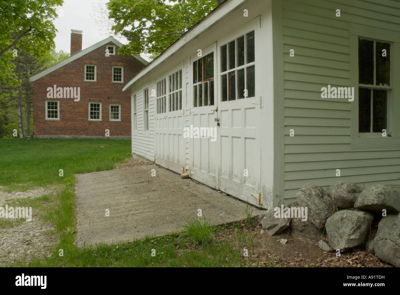 Brickett Place in Stow Maine USA.19th century historic brick farmhouse