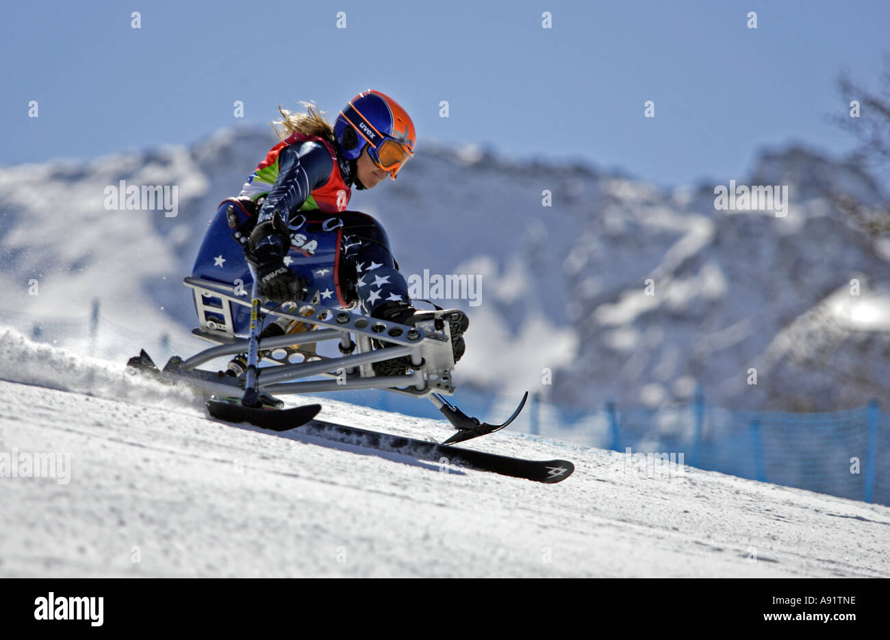 Lacey Heward LW12 2 of the USA in the Womens Alpine Skiing Super G Sitting competition Stock Photo