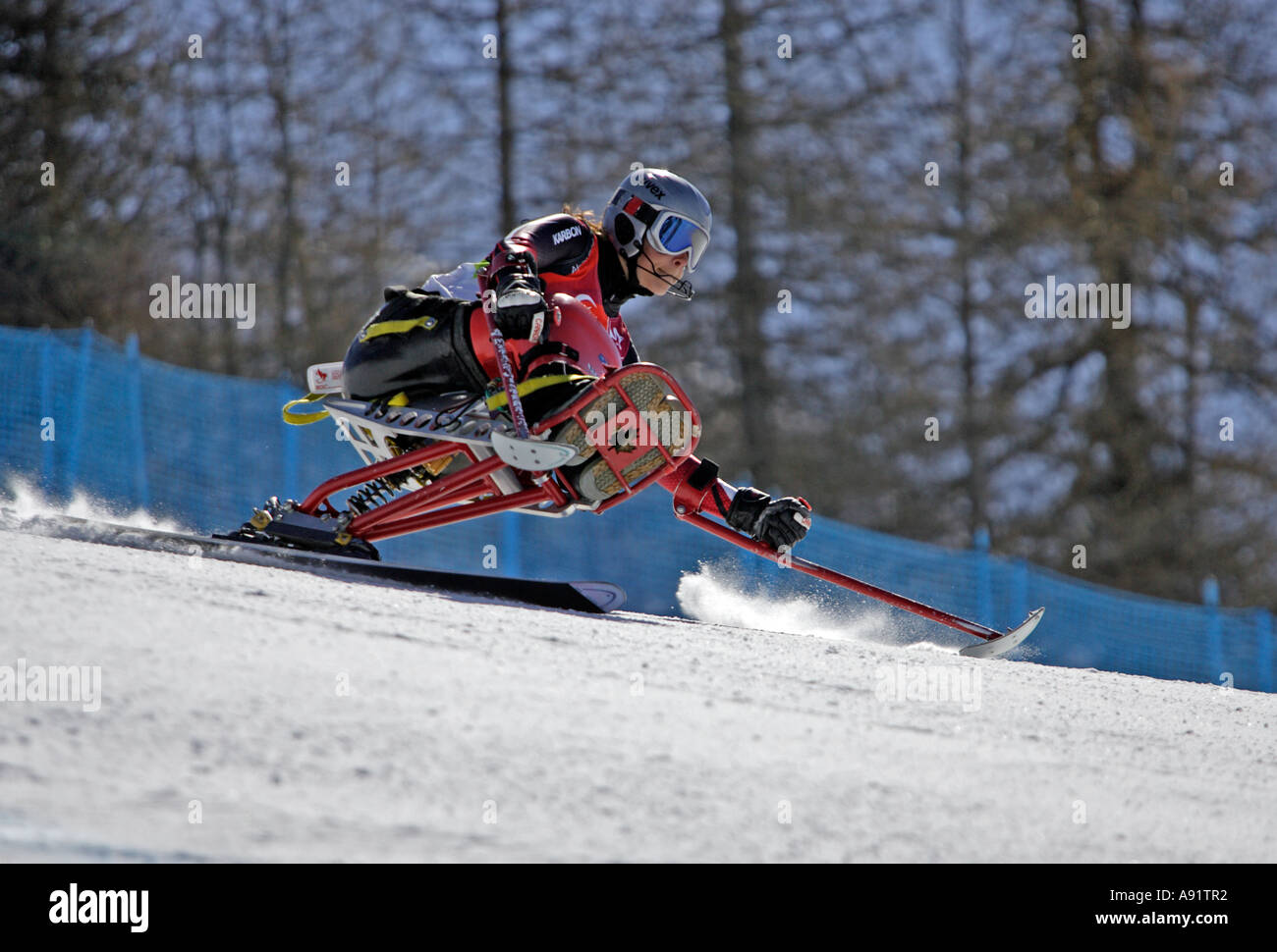 Kimberley Joines LW12 1 of Canada in the Womens Alpine Skiing Super G Sitting competition on her way to winning the bronze medal Stock Photo